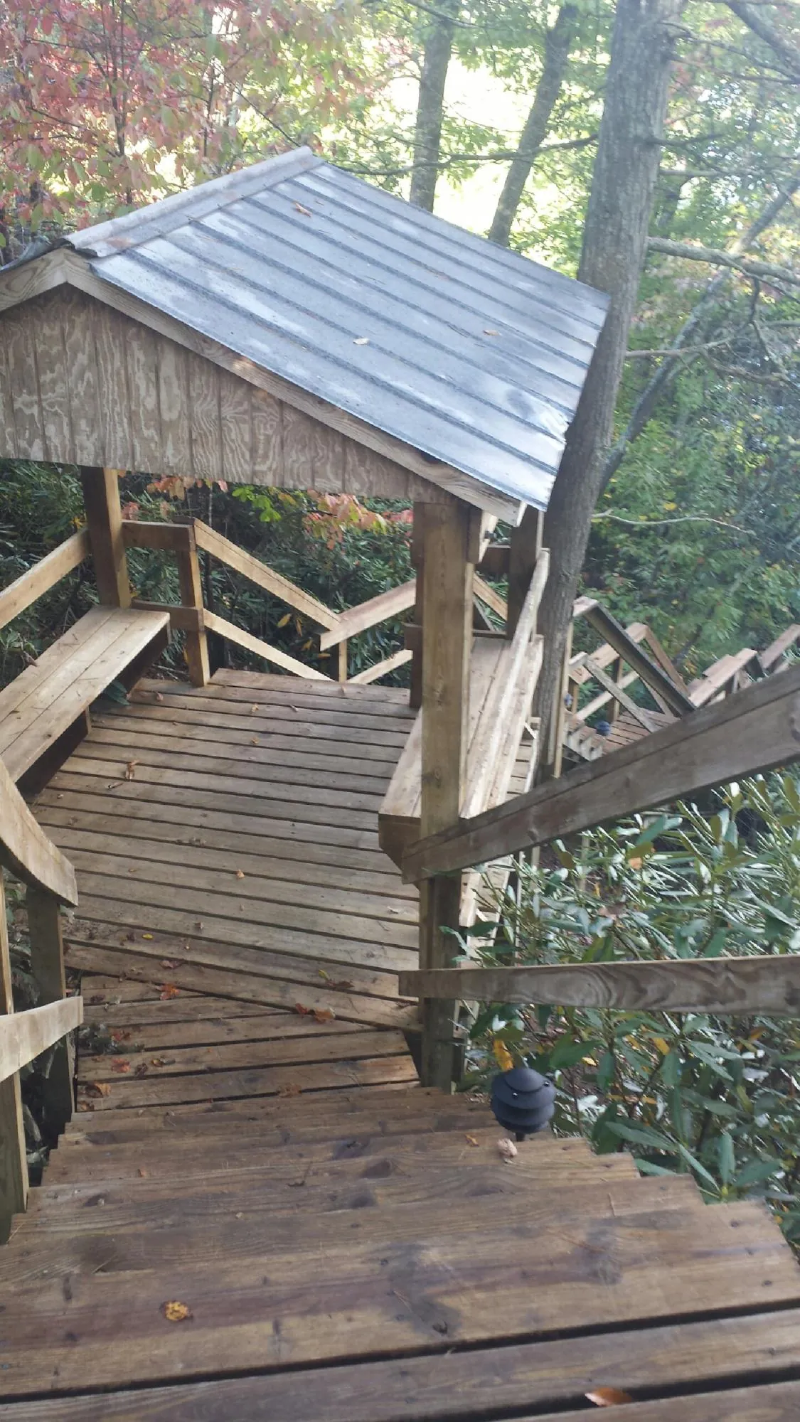Metal roofed shelter over wooden steps on a wooded walkway — Skylight Repair & Installation work by our crew in Romney